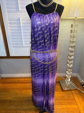 Purple Patterned Maxi Dress with Gold Chain Details